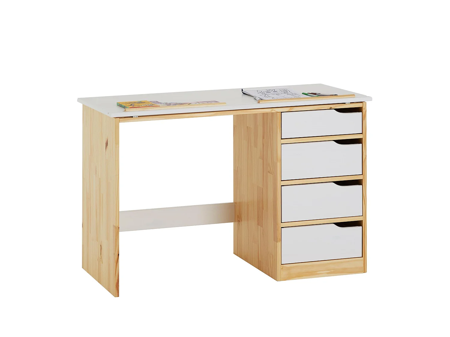 Bureau enfant écolier junior EMMA pupitre inclinable avec 4 tiroirs en pin massif, naturel et lasuré blanc