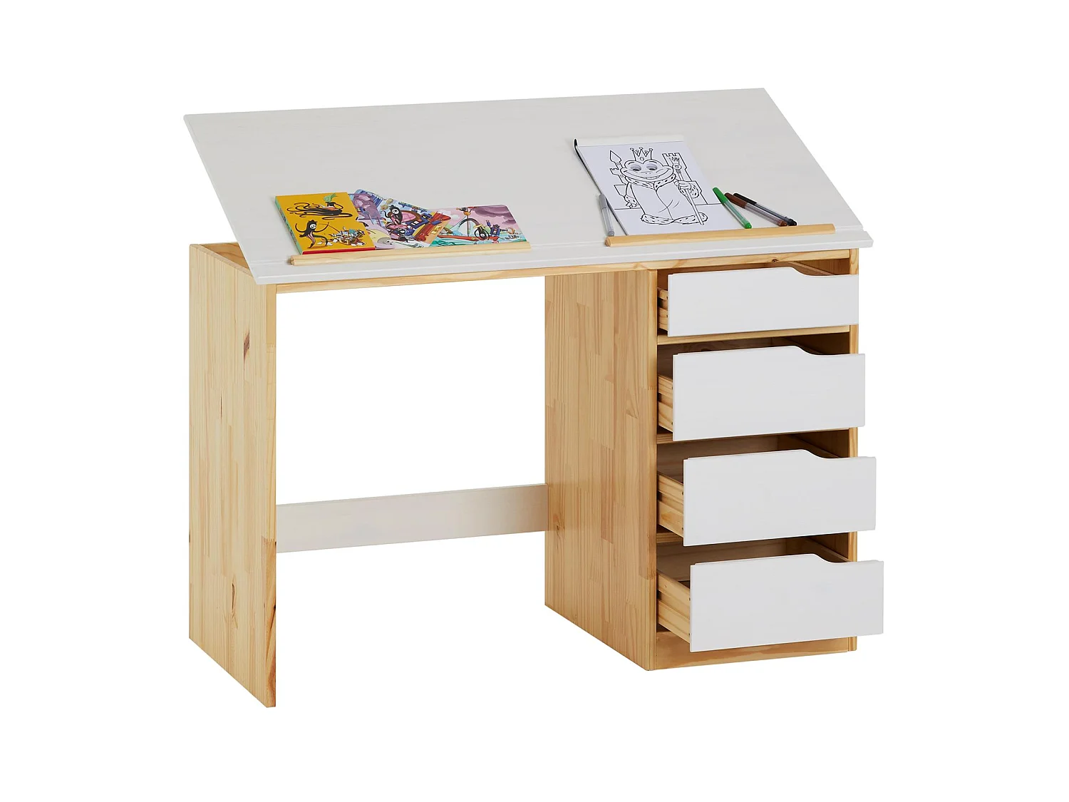 Bureau enfant écolier junior EMMA pupitre inclinable avec 4 tiroirs en pin massif, naturel et lasuré blanc