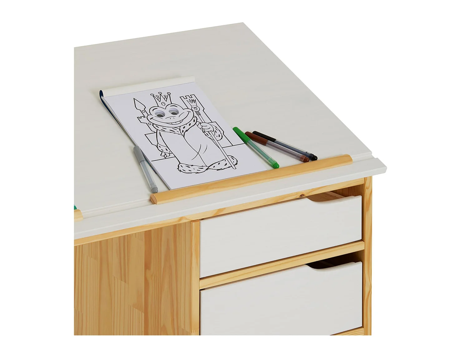 Bureau enfant écolier junior EMMA pupitre inclinable avec 4 tiroirs en pin massif, naturel et lasuré blanc