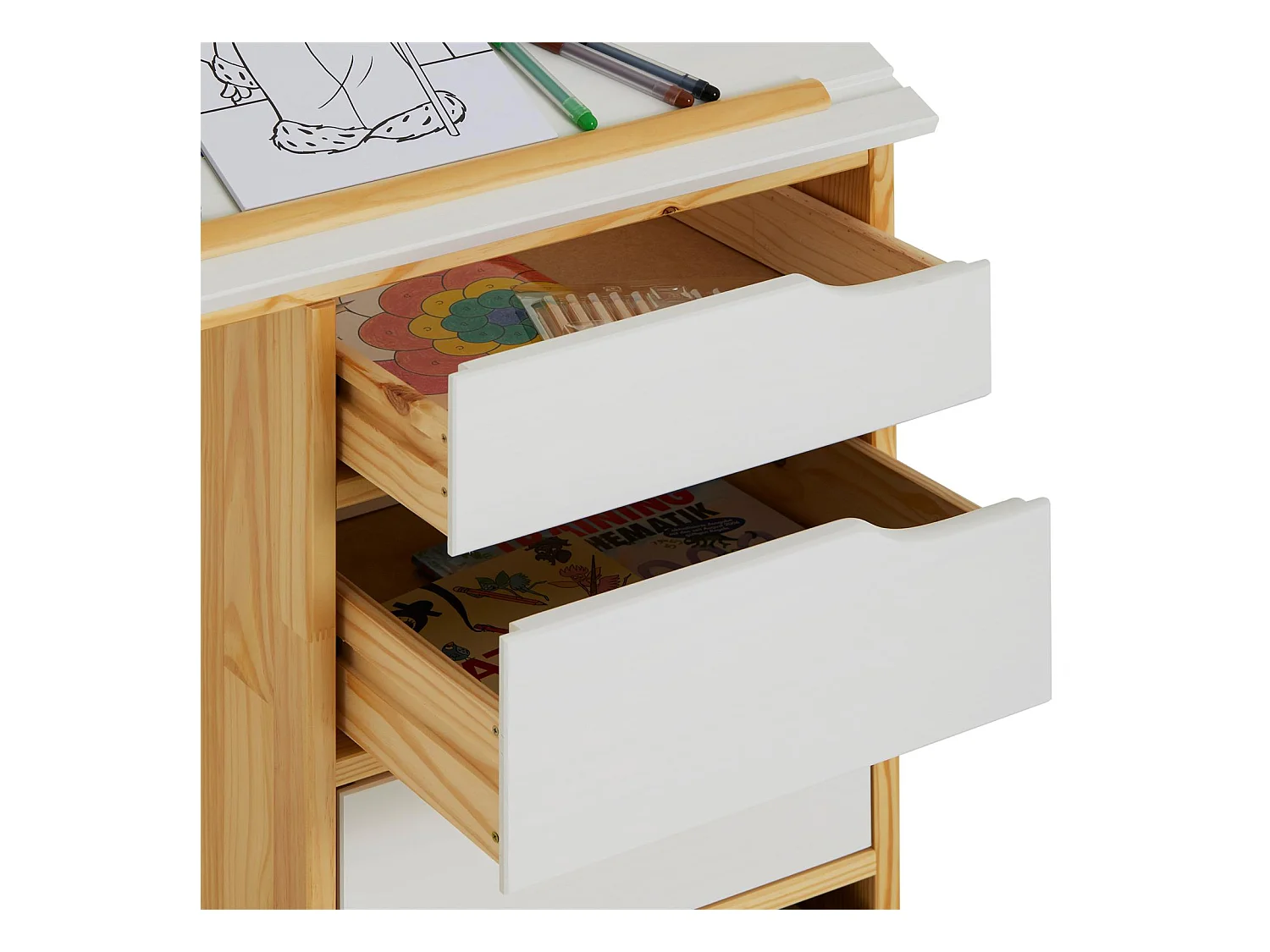 Bureau enfant écolier junior EMMA pupitre inclinable avec 4 tiroirs en pin massif, naturel et lasuré blanc