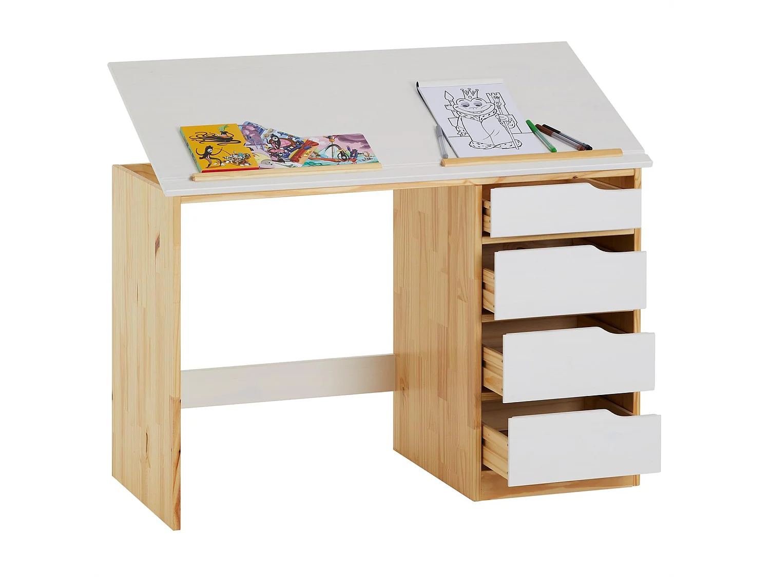 Bureau enfant écolier junior EMMA pupitre inclinable avec 4 tiroirs en pin massif, naturel et lasuré blanc