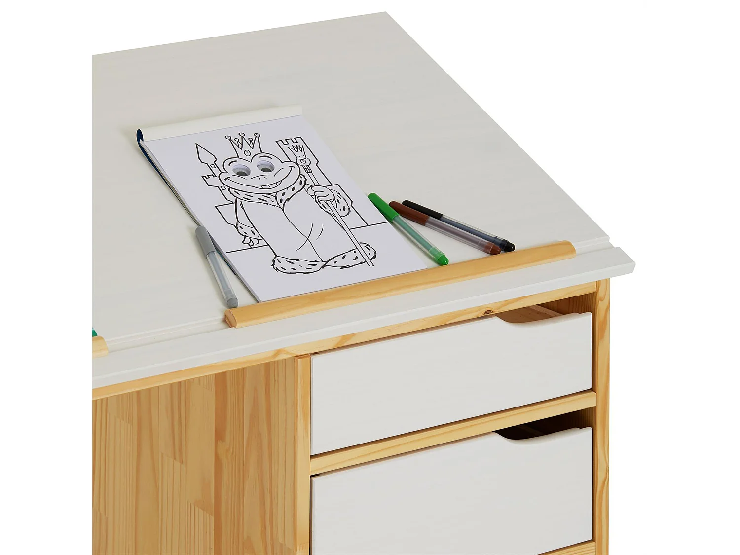 Bureau enfant écolier junior EMMA pupitre inclinable avec 4 tiroirs en pin massif, naturel et lasuré blanc