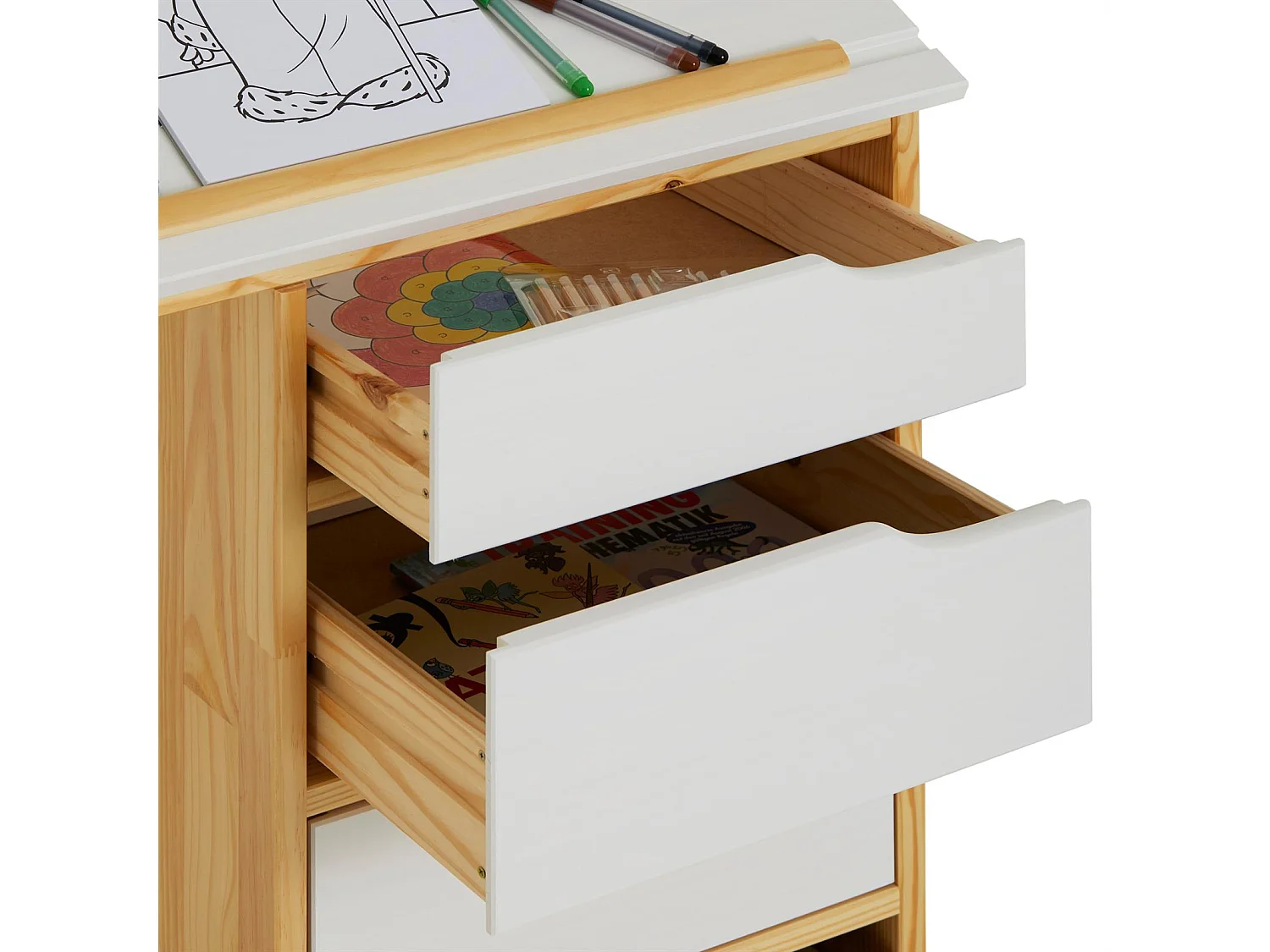 Bureau enfant écolier junior EMMA pupitre inclinable avec 4 tiroirs en pin massif, naturel et lasuré blanc
