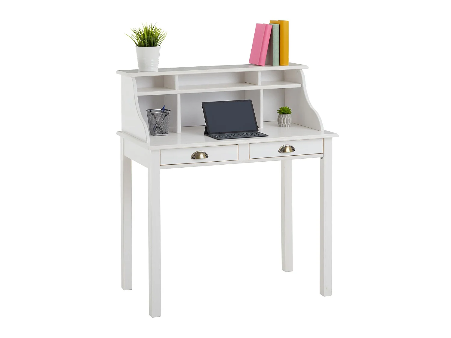 Bureau secrétaire MARLENE avec rangement sur plusieurs étagères et 2 tiroirs, en pin massif lasuré blanc