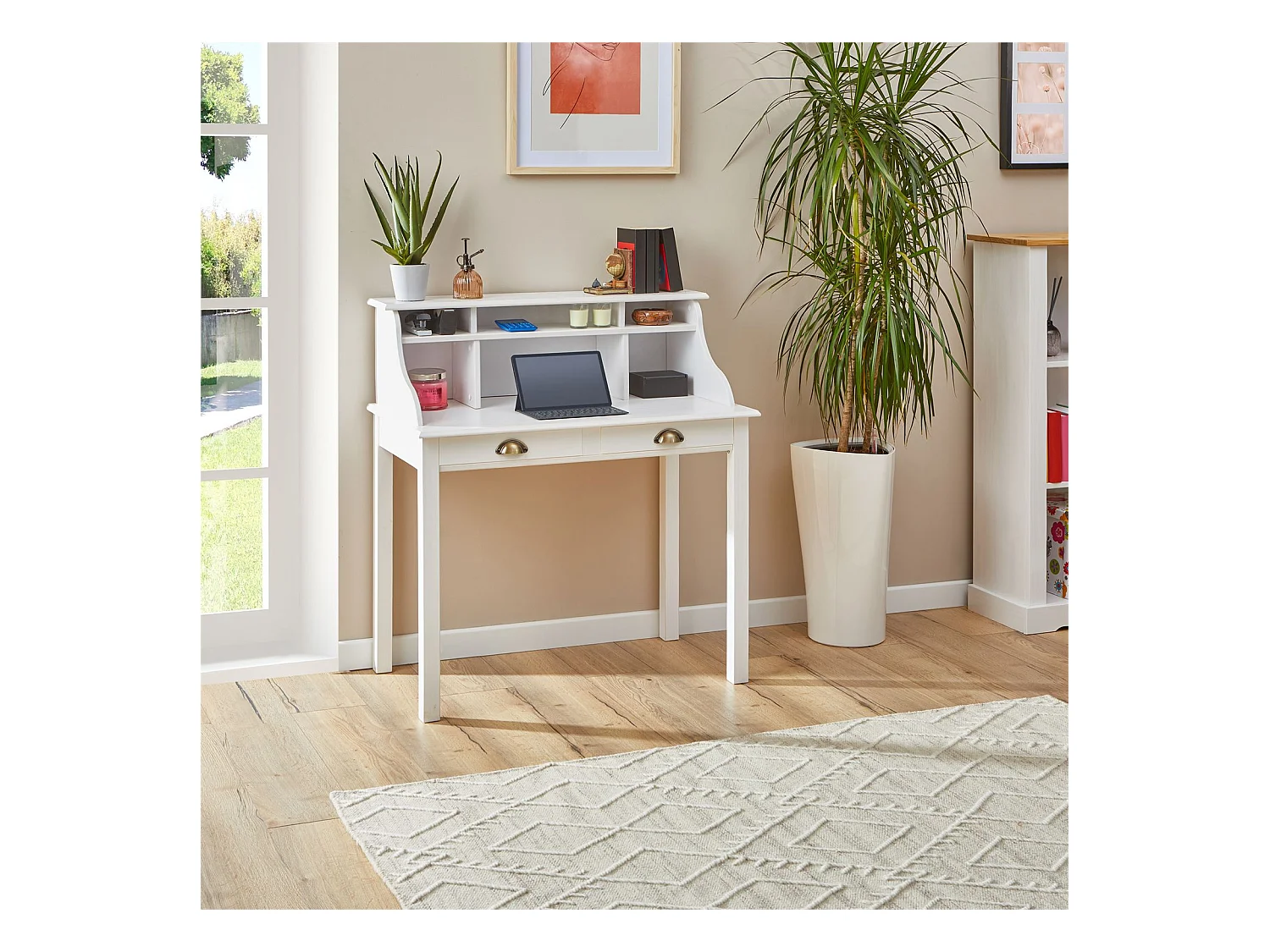 Bureau secrétaire MARLENE avec rangement sur plusieurs étagères et 2 tiroirs, en pin massif lasuré blanc