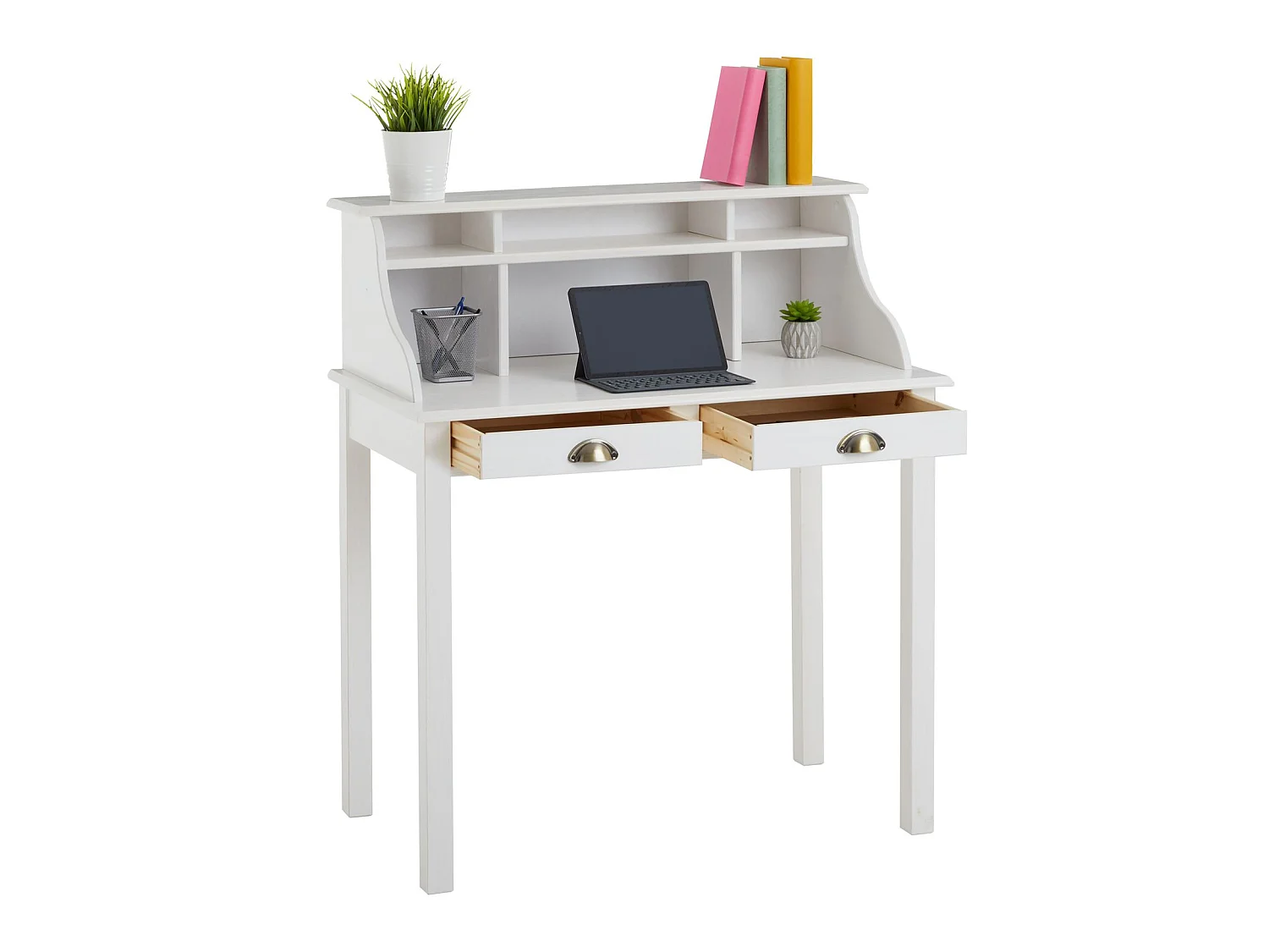 Bureau secrétaire MARLENE avec rangement sur plusieurs étagères et 2 tiroirs, en pin massif lasuré blanc