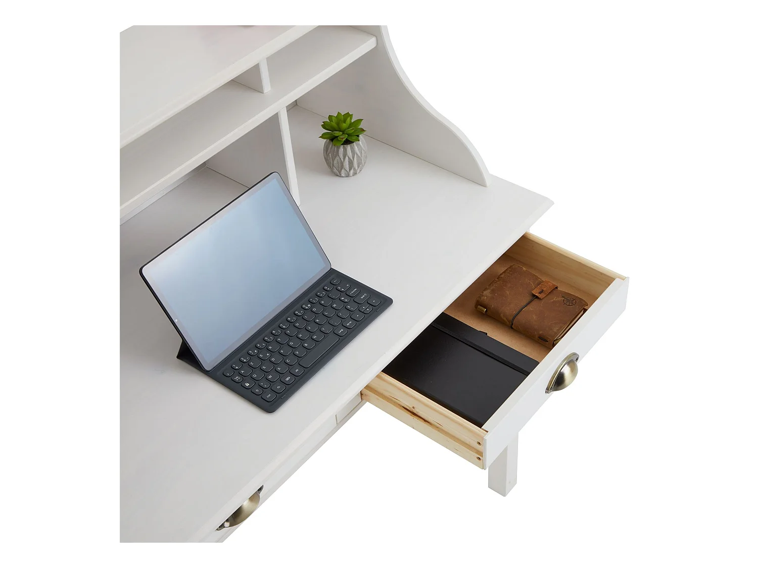 Bureau secrétaire MARLENE avec rangement sur plusieurs étagères et 2 tiroirs, en pin massif lasuré blanc