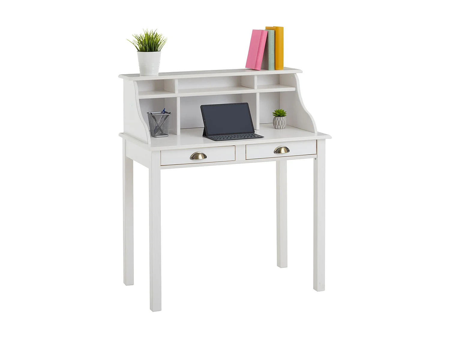 Bureau secrétaire MARLENE avec rangement sur plusieurs étagères et 2 tiroirs, en pin massif lasuré blanc