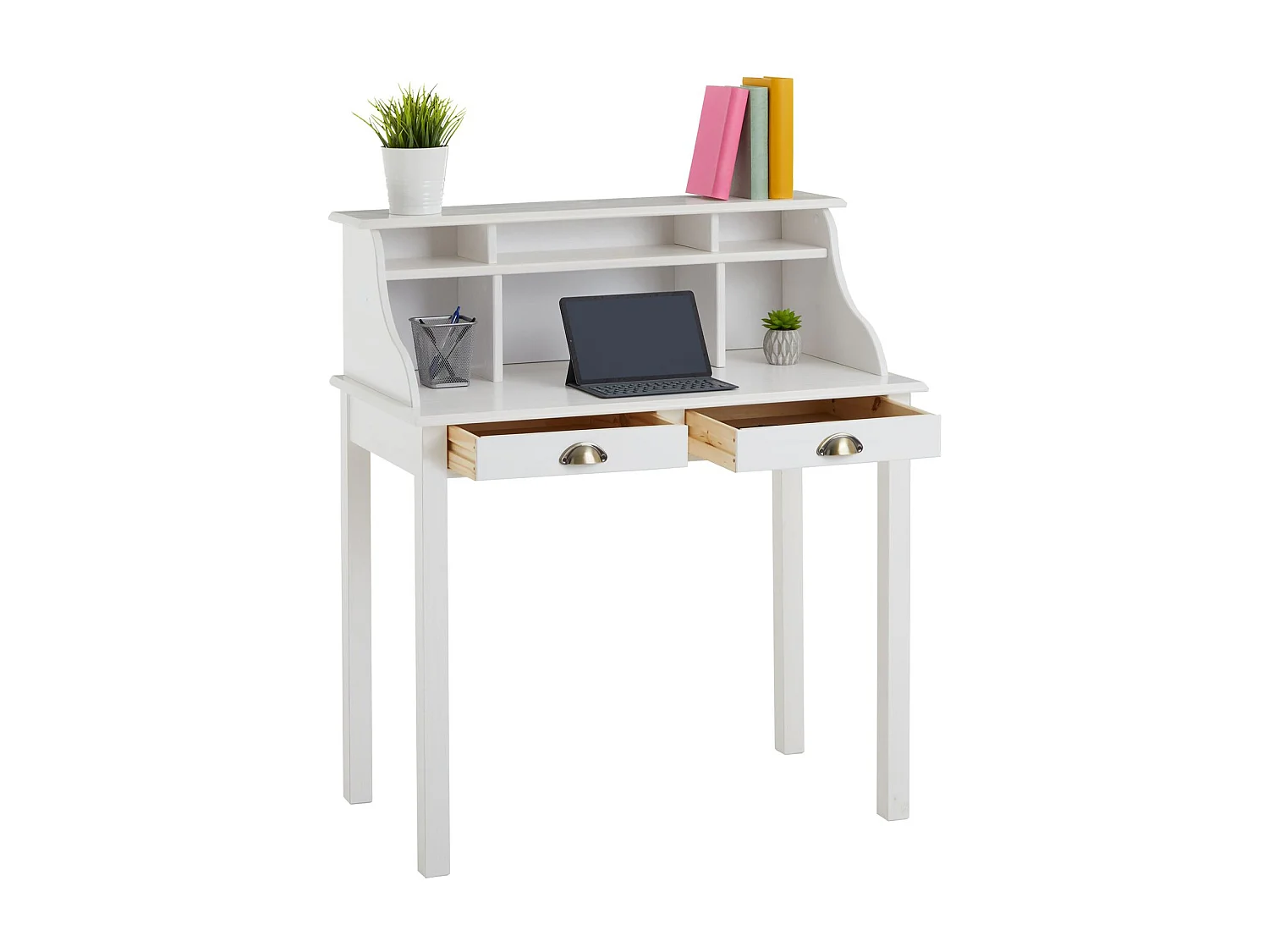 Bureau secrétaire MARLENE avec rangement sur plusieurs étagères et 2 tiroirs, en pin massif lasuré blanc