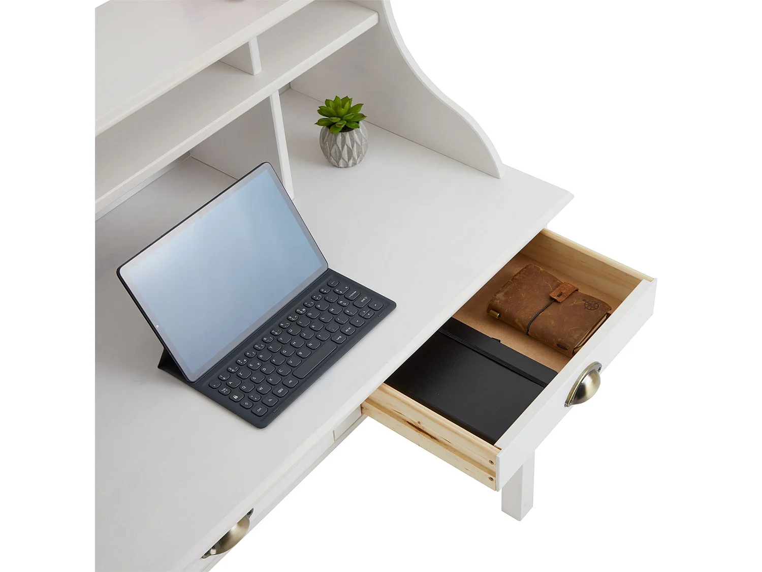 Bureau secrétaire MARLENE avec rangement sur plusieurs étagères et 2 tiroirs, en pin massif lasuré blanc