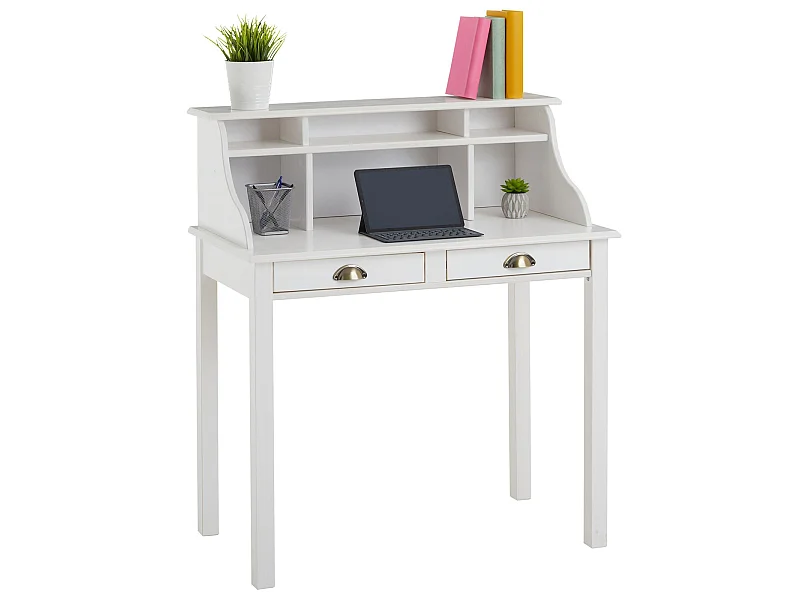 Bureau secrétaire MARLENE avec rangement sur plusieurs étagères et 2 tiroirs, en pin massif lasuré blanc