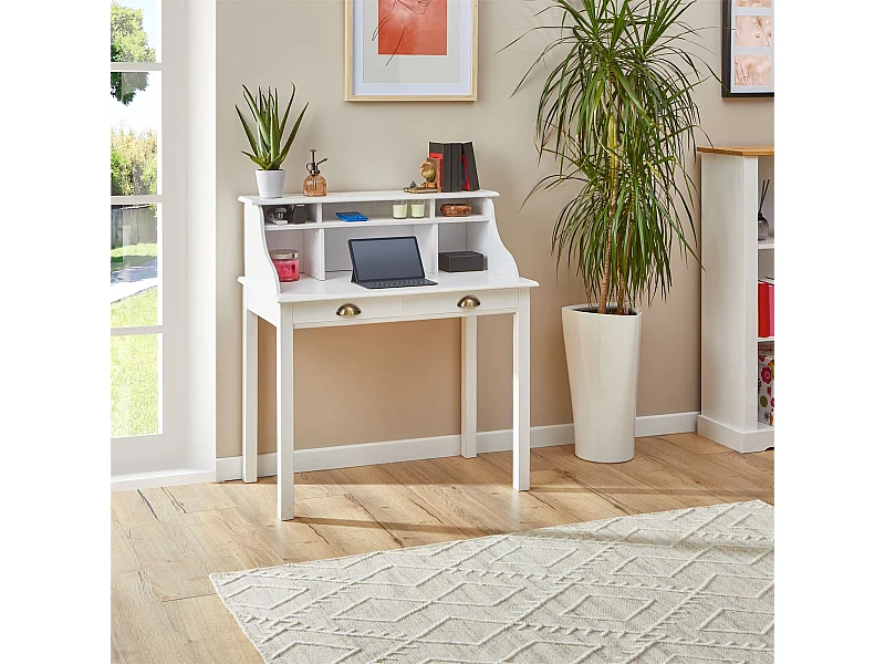 Bureau secrétaire MARLENE avec rangement sur plusieurs étagères et 2 tiroirs, en pin massif lasuré blanc