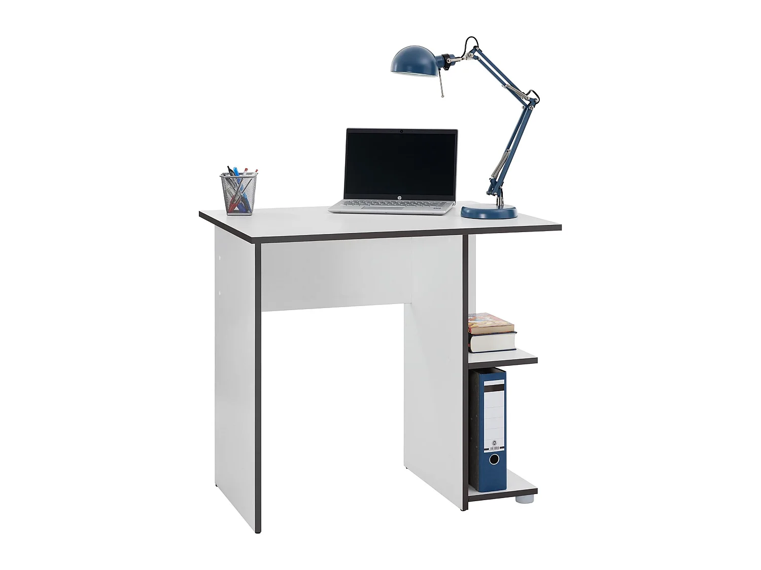 Bureau pour enfant ou adulte NOVA, bureau informatique table d'ordinateur rangement ouvert 2 tablettes en mélaminé blanc mat et gris