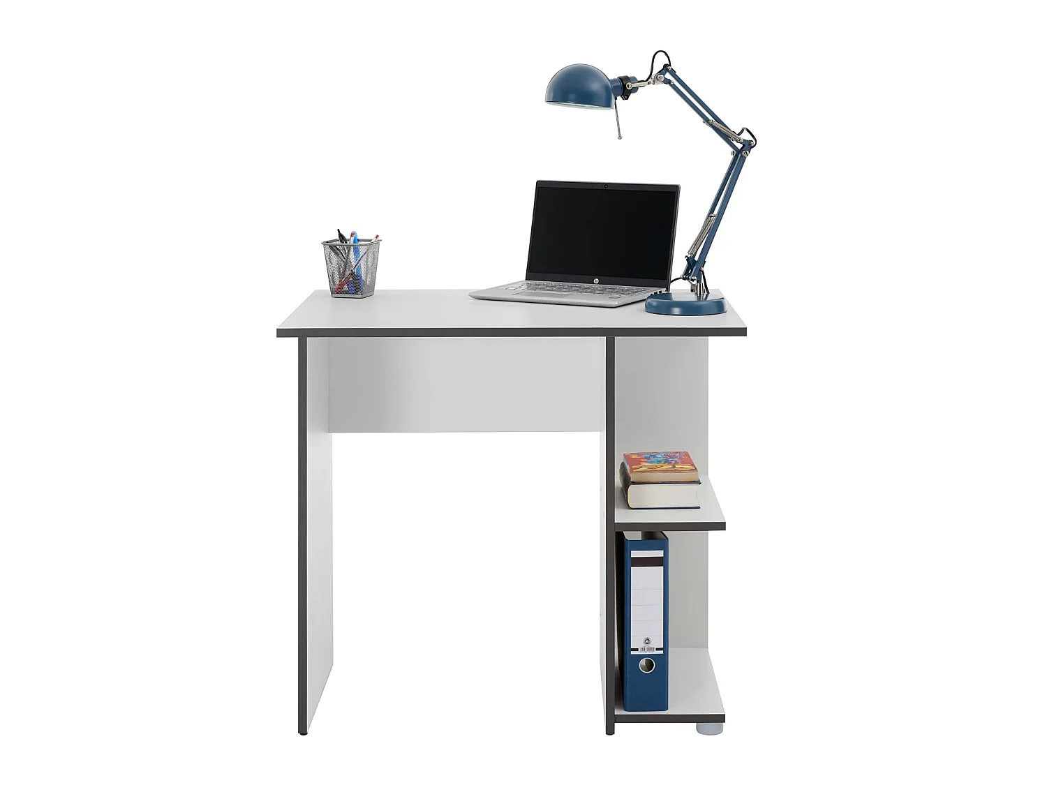 Bureau pour enfant ou adulte NOVA, bureau informatique table d'ordinateur rangement ouvert 2 tablettes en mélaminé blanc mat et gris