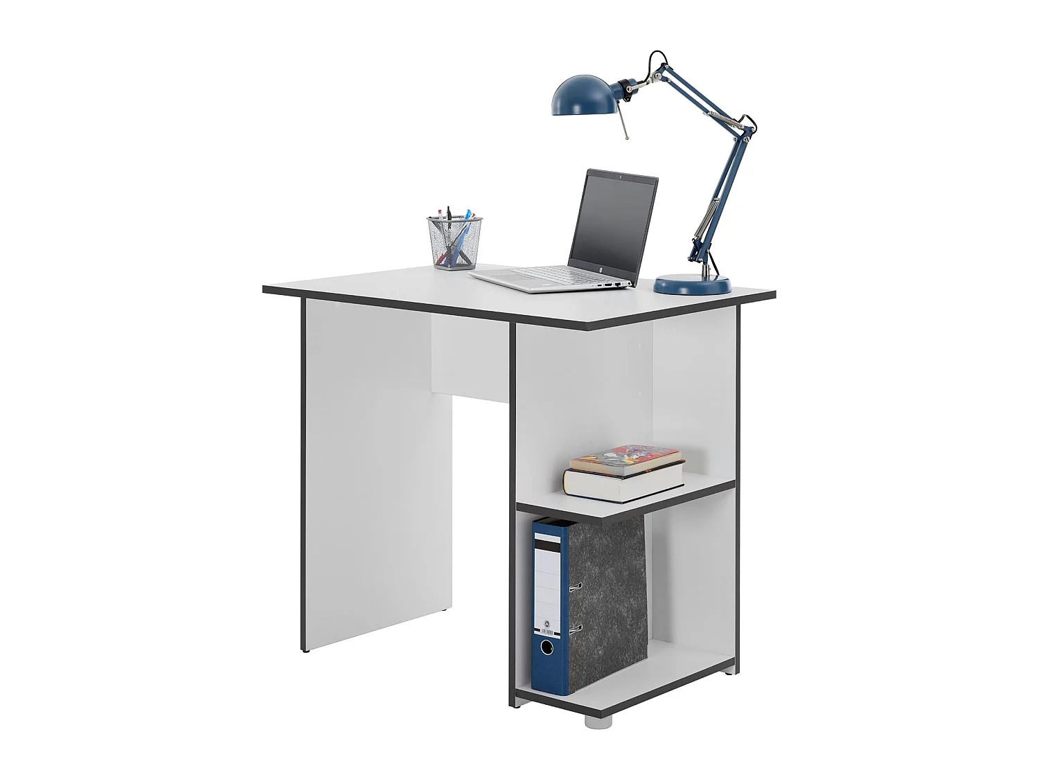 Bureau pour enfant ou adulte NOVA, bureau informatique table d'ordinateur rangement ouvert 2 tablettes en mélaminé blanc mat et gris