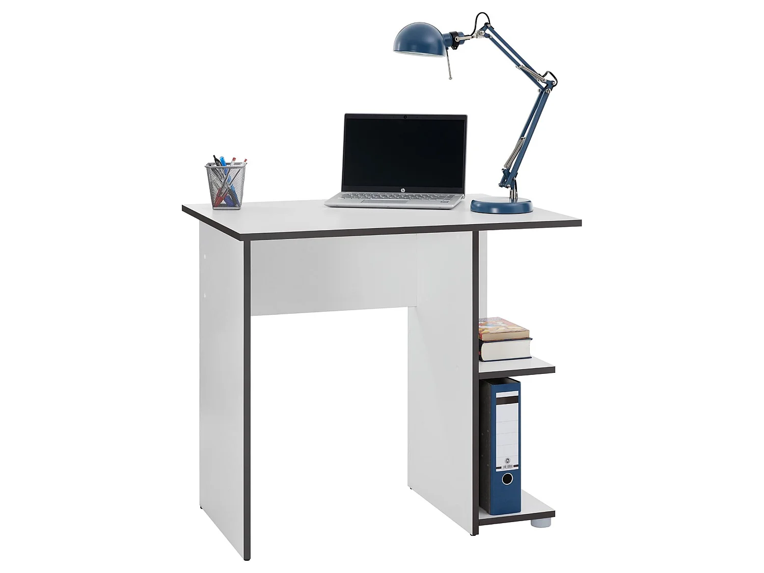 Bureau pour enfant ou adulte NOVA, bureau informatique table d'ordinateur rangement ouvert 2 tablettes en mélaminé blanc mat et gris