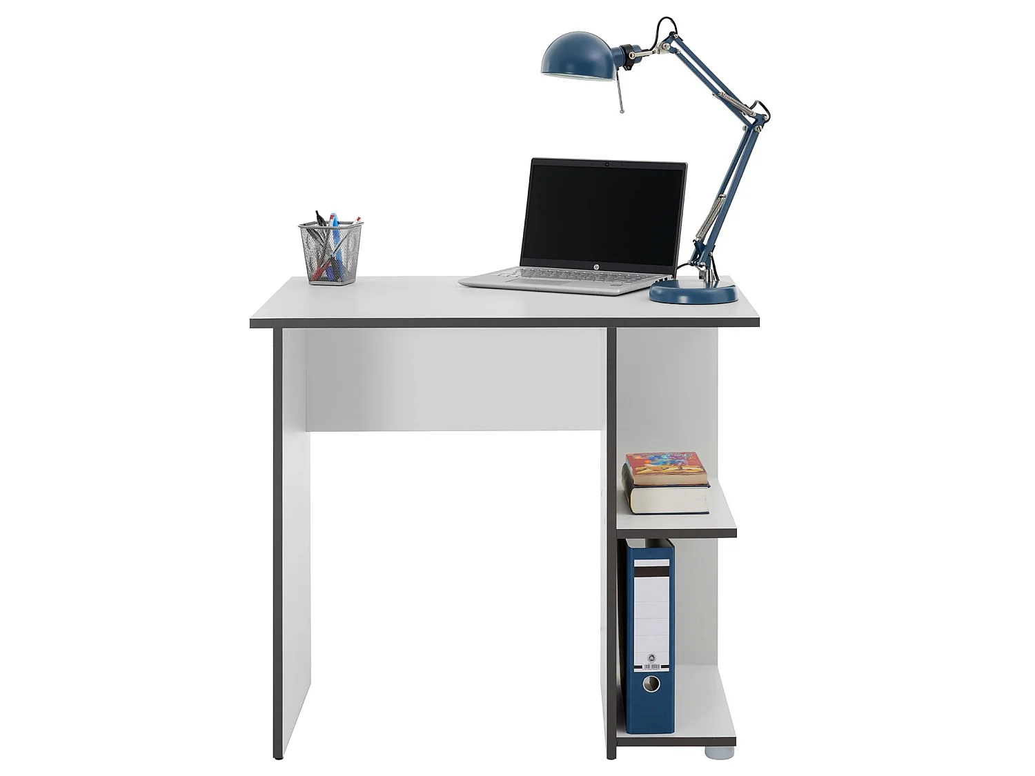 Bureau pour enfant ou adulte NOVA, bureau informatique table d'ordinateur rangement ouvert 2 tablettes en mélaminé blanc mat et gris