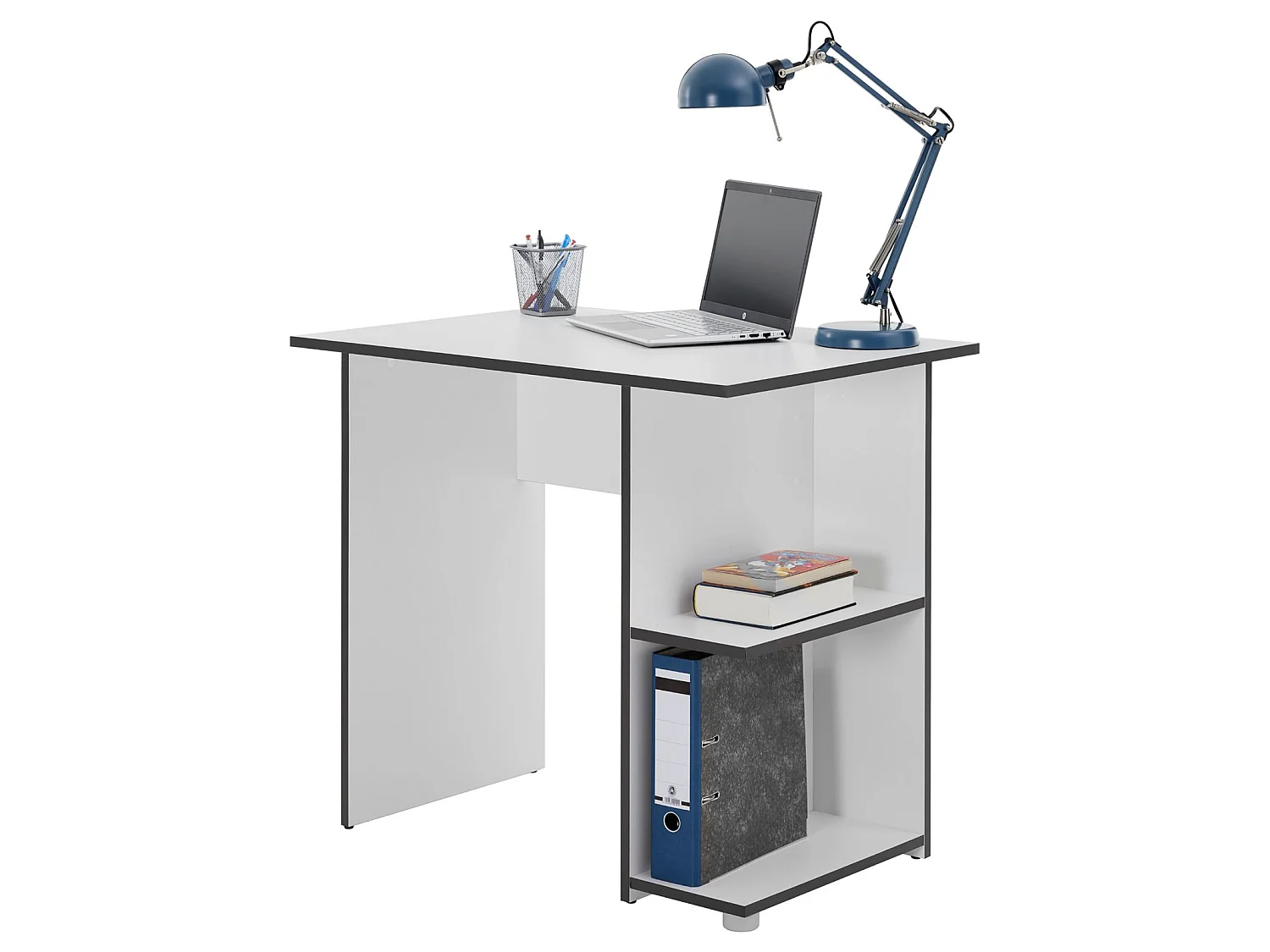 Bureau pour enfant ou adulte NOVA, bureau informatique table d'ordinateur rangement ouvert 2 tablettes en mélaminé blanc mat et gris