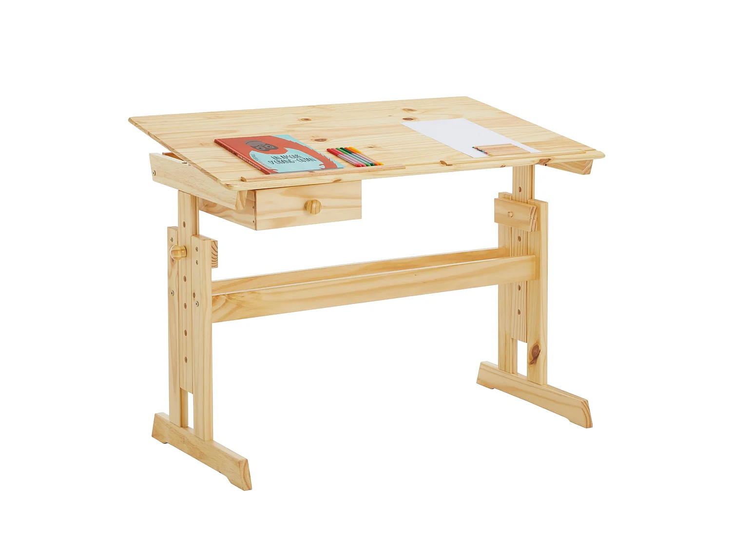 Bureau enfant écolier junior FLEXI table à dessin réglable en hauteur et pupitre inclinable avec 1tiroir en pin massif vernis nature