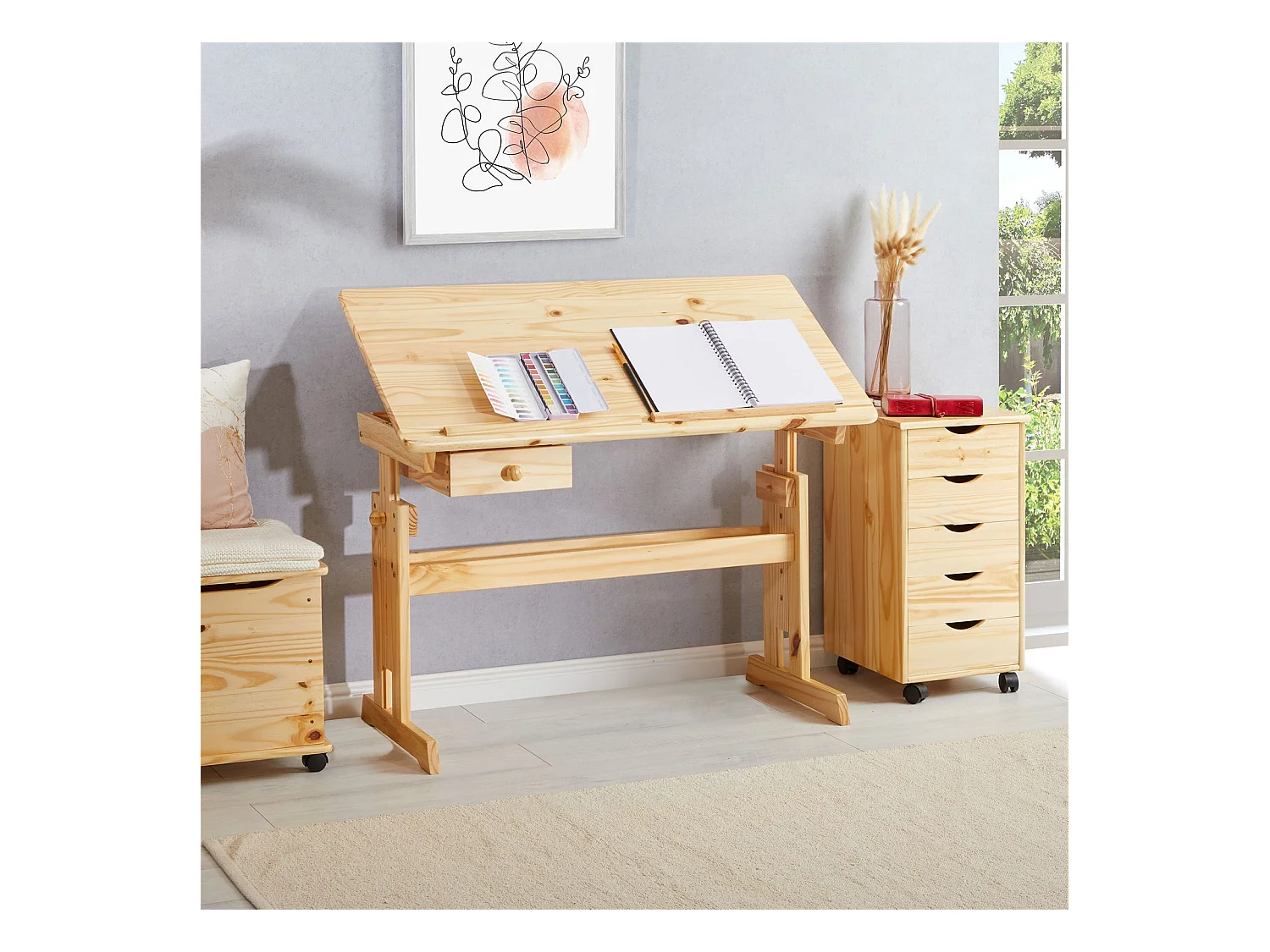 Bureau enfant écolier junior FLEXI table à dessin réglable en hauteur et pupitre inclinable avec 1tiroir en pin massif vernis nature