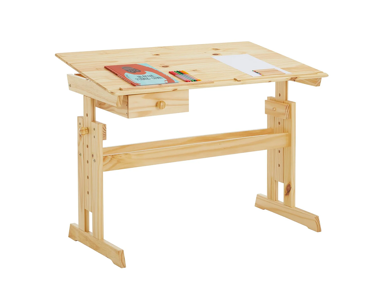 Bureau enfant écolier junior FLEXI table à dessin réglable en hauteur et pupitre inclinable avec 1tiroir en pin massif vernis nature