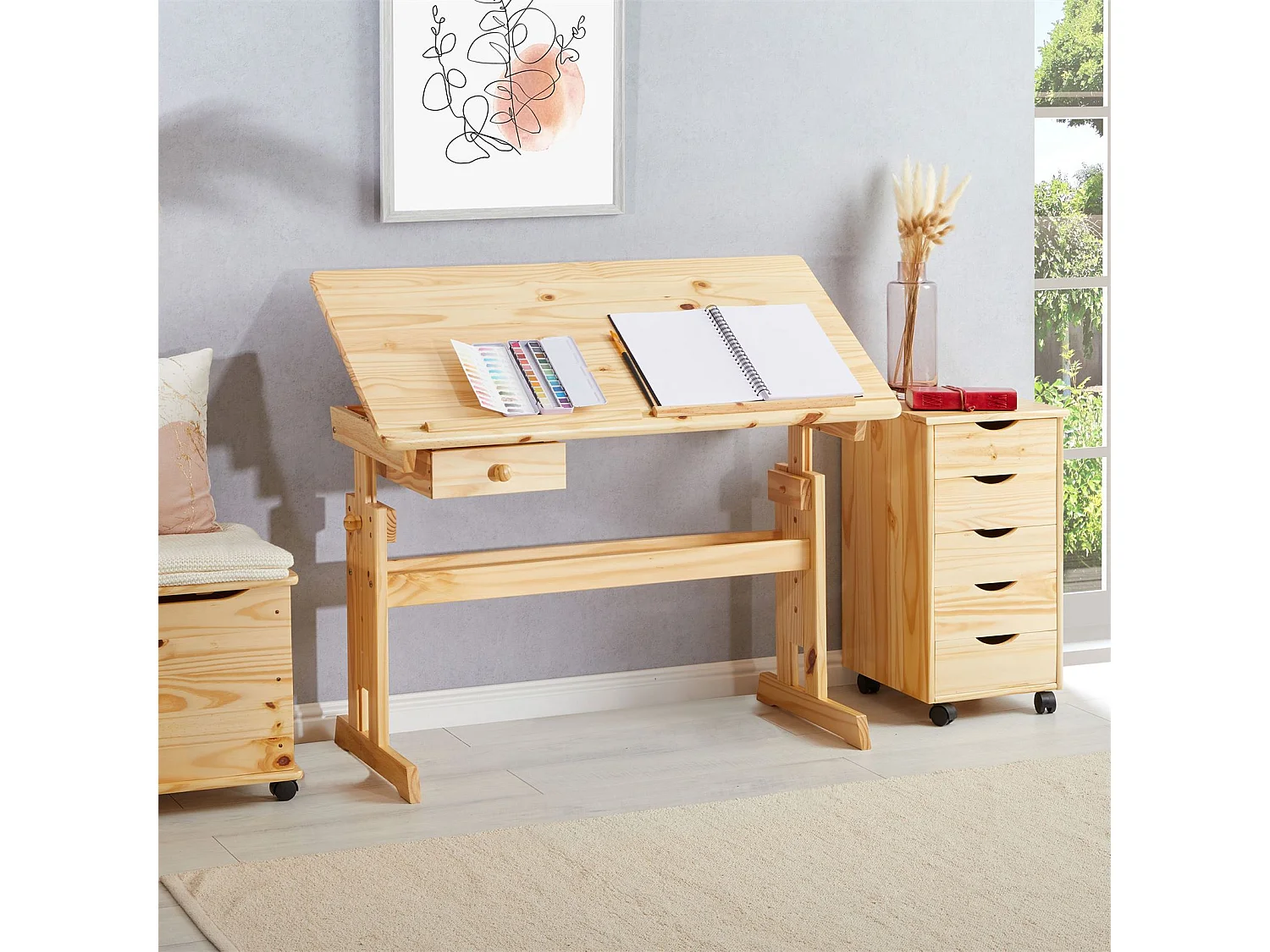 Bureau enfant écolier junior FLEXI table à dessin réglable en hauteur et pupitre inclinable avec 1tiroir en pin massif vernis nature