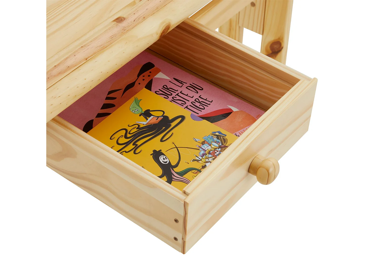 Bureau enfant écolier junior FLEXI table à dessin réglable en hauteur et pupitre inclinable avec 1tiroir en pin massif vernis nature