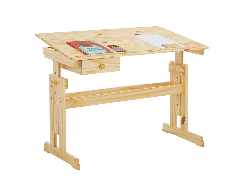 Bureau enfant écolier junior FLEXI table à dessin réglable en hauteur et pupitre inclinable avec 1tiroir en pin massif vernis nature