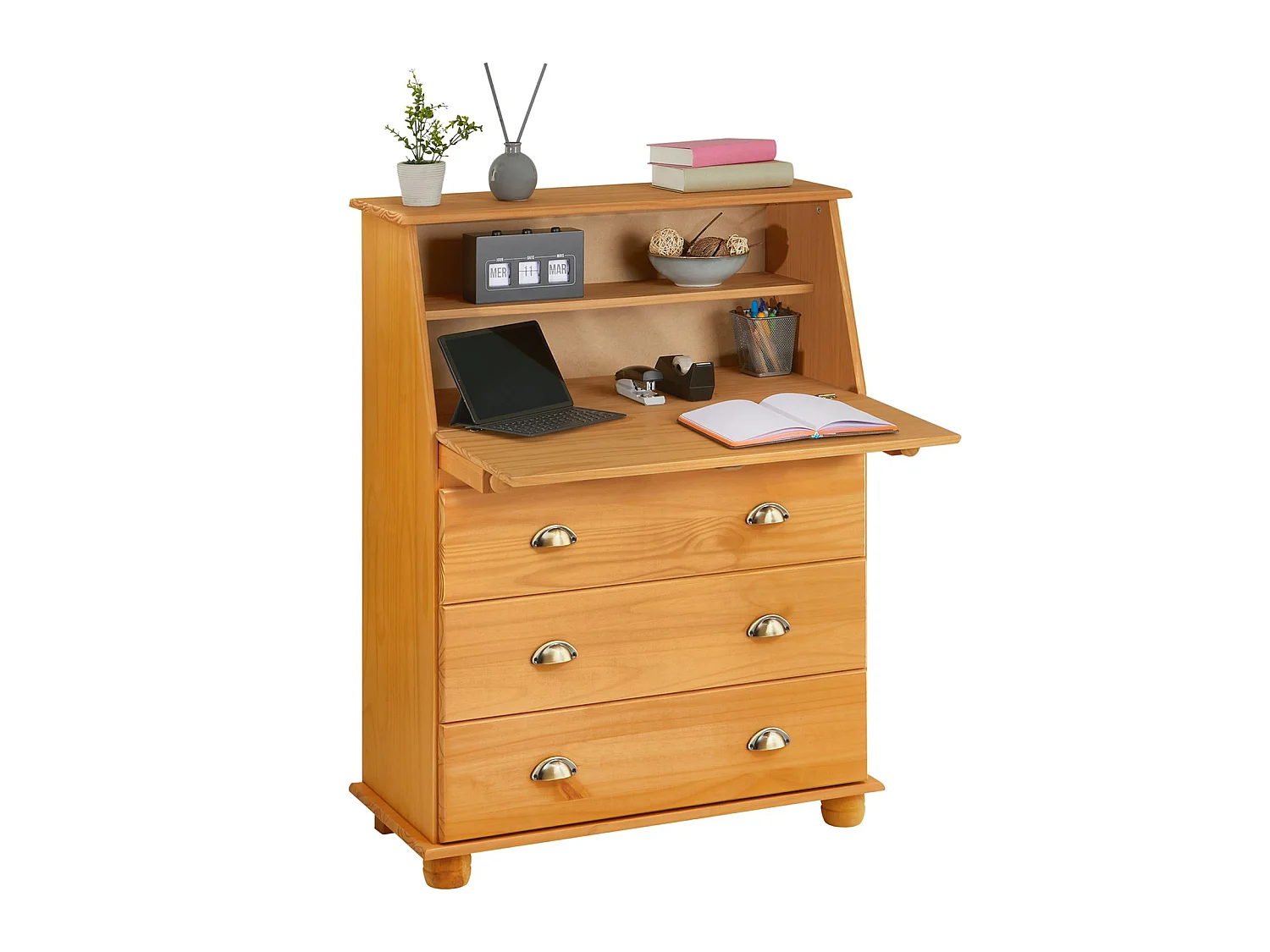 Bureau secrétaire GOMES rangement avec abattant 1 étagère et 3 tiroirs, plan de travail rabattable, pin massif finition teintée/ciré