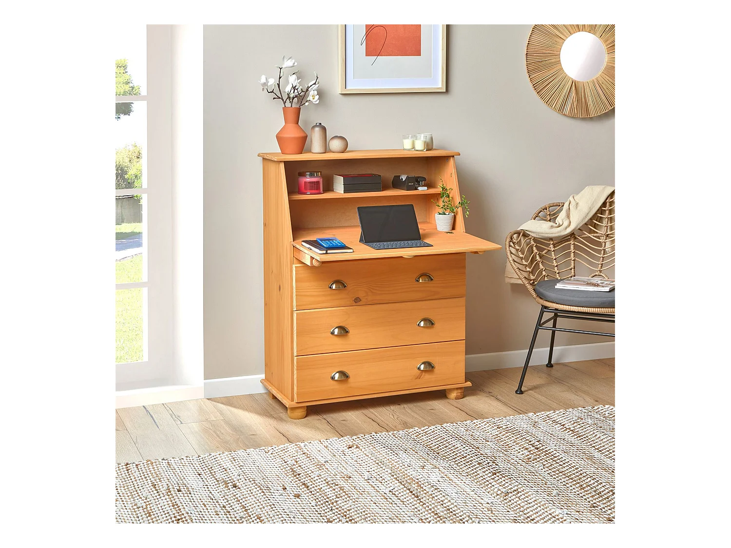 Bureau secrétaire GOMES rangement avec abattant 1 étagère et 3 tiroirs, plan de travail rabattable, pin massif finition teintée/ciré