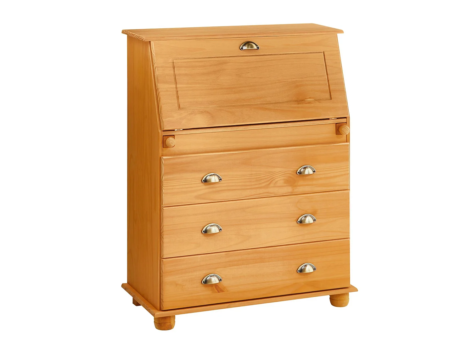 Bureau secrétaire GOMES rangement avec abattant 1 étagère et 3 tiroirs, plan de travail rabattable, pin massif finition teintée/ciré