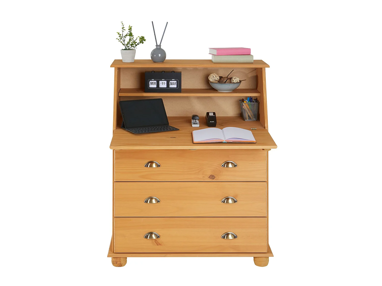 Bureau secrétaire GOMES rangement avec abattant 1 étagère et 3 tiroirs, plan de travail rabattable, pin massif finition teintée/ciré