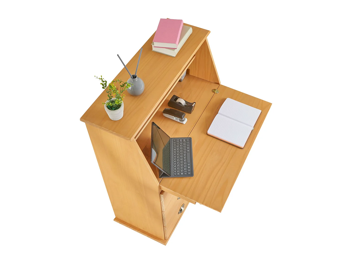 Bureau secrétaire GOMES rangement avec abattant 1 étagère et 3 tiroirs, plan de travail rabattable, pin massif finition teintée/ciré