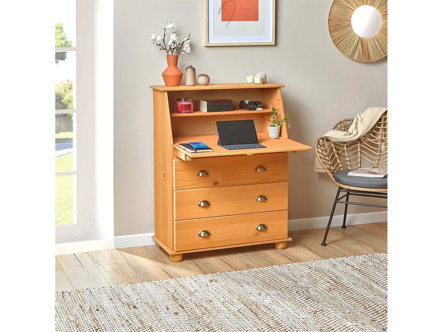 Bureau secrétaire GOMES rangement avec abattant 1 étagère et 3 tiroirs, plan de travail rabattable, pin massif finition teintée/ciré