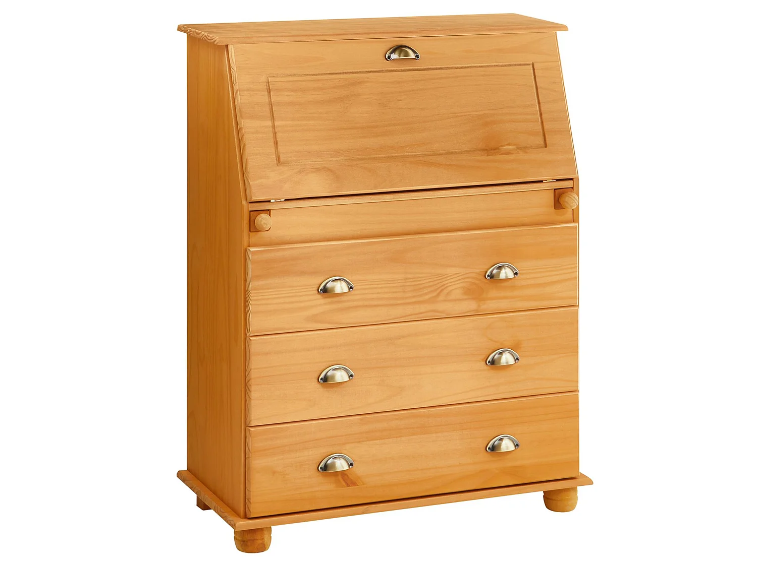 Bureau secrétaire GOMES rangement avec abattant 1 étagère et 3 tiroirs, plan de travail rabattable, pin massif finition teintée/ciré