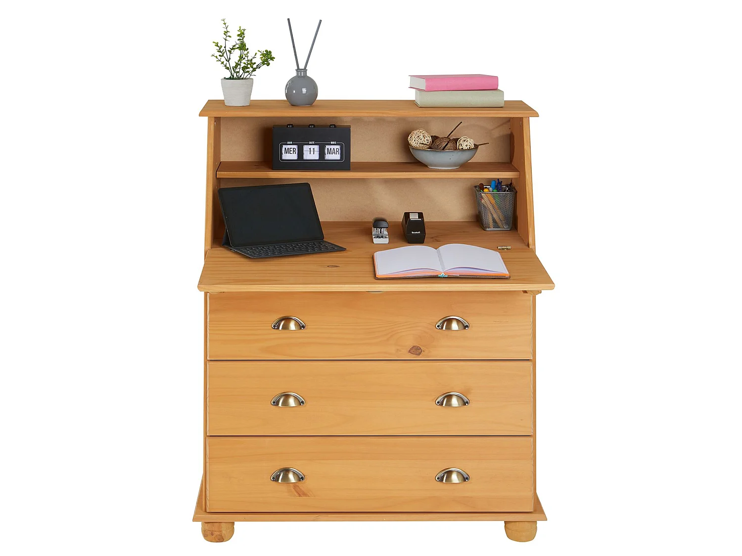Bureau secrétaire GOMES rangement avec abattant 1 étagère et 3 tiroirs, plan de travail rabattable, pin massif finition teintée/ciré