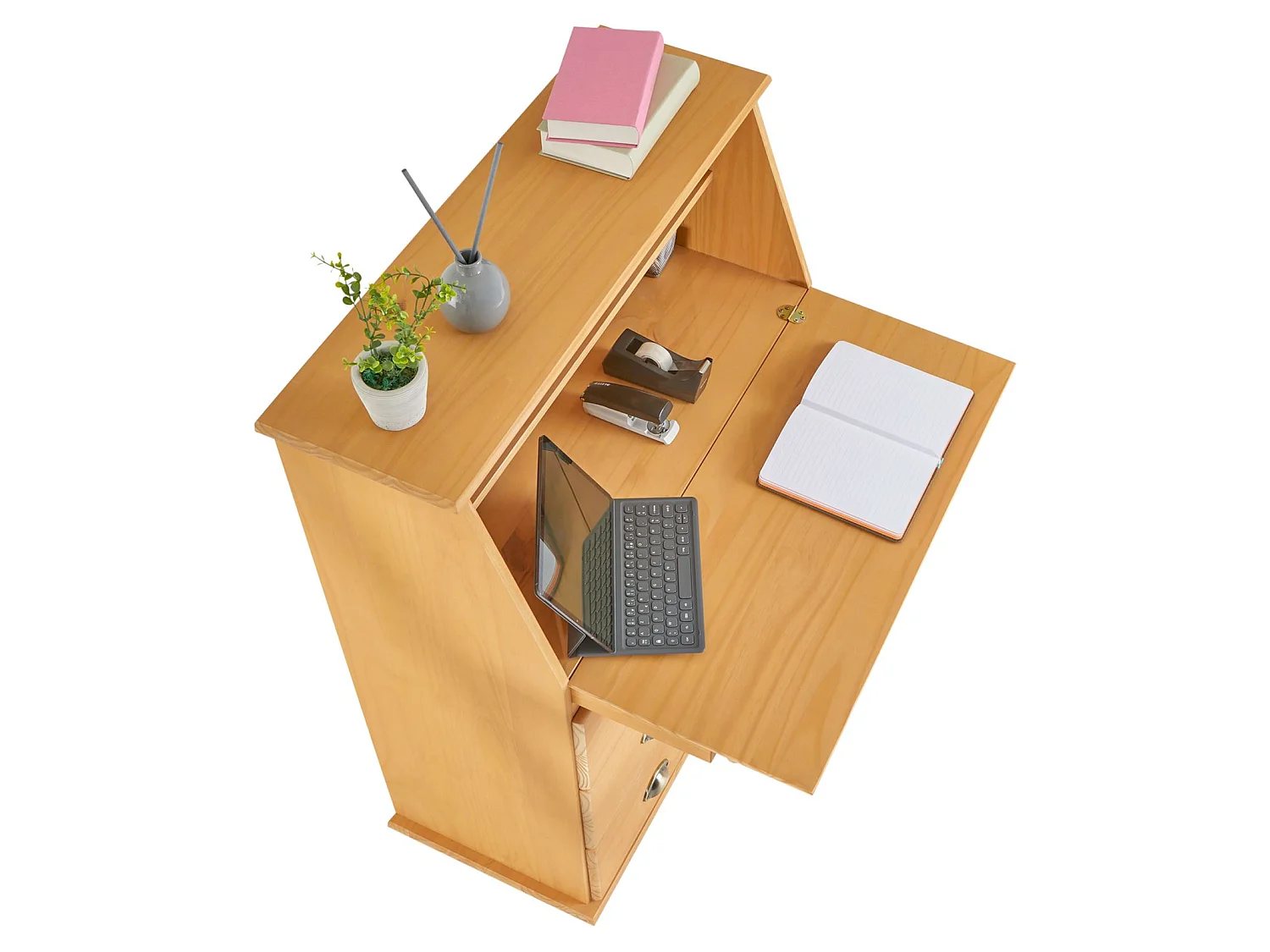 Bureau secrétaire GOMES rangement avec abattant 1 étagère et 3 tiroirs, plan de travail rabattable, pin massif finition teintée/ciré