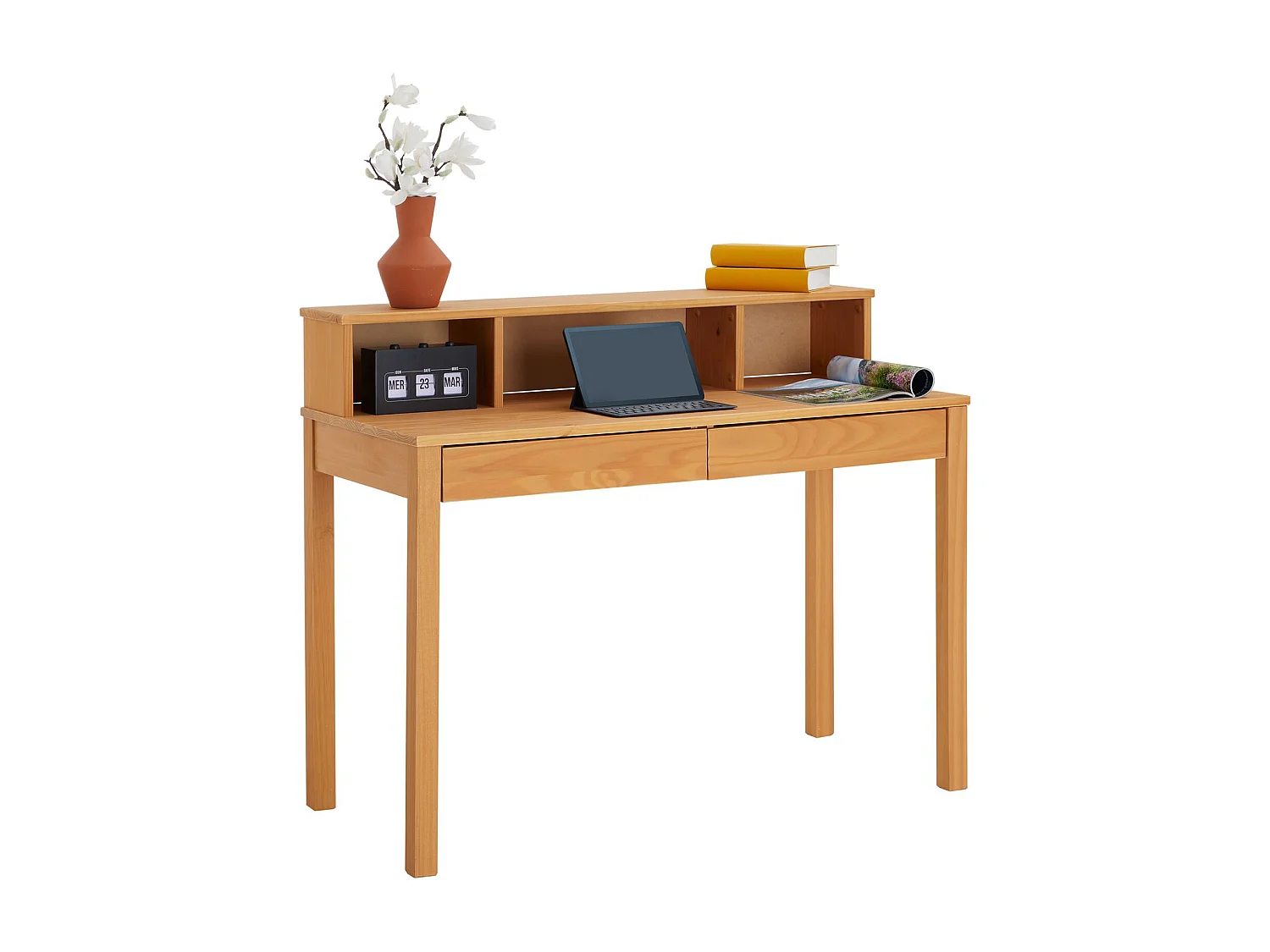 Bureau LENNOX avec rangement 2 tiroirs et 3 niches, en pin massif lasuré brun