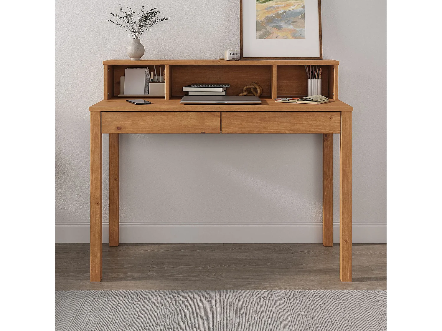 Bureau LENNOX avec rangement 2 tiroirs et 3 niches, en pin massif lasuré brun