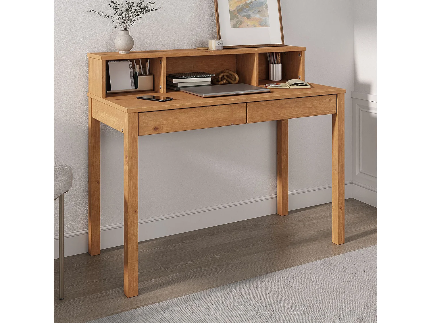Bureau LENNOX avec rangement 2 tiroirs et 3 niches, en pin massif lasuré brun
