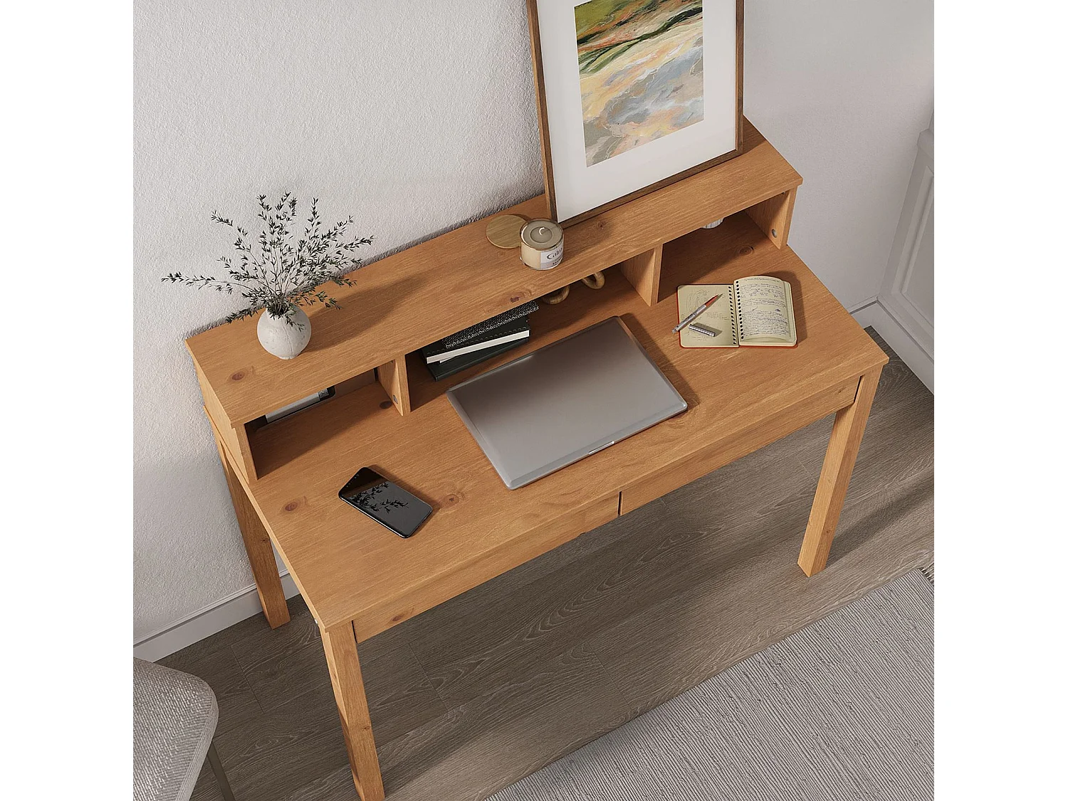 Bureau LENNOX avec rangement 2 tiroirs et 3 niches, en pin massif lasuré brun