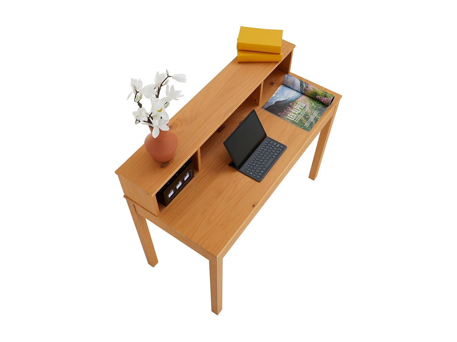 Bureau LENNOX avec rangement 2 tiroirs et 3 niches, en pin massif lasuré brun