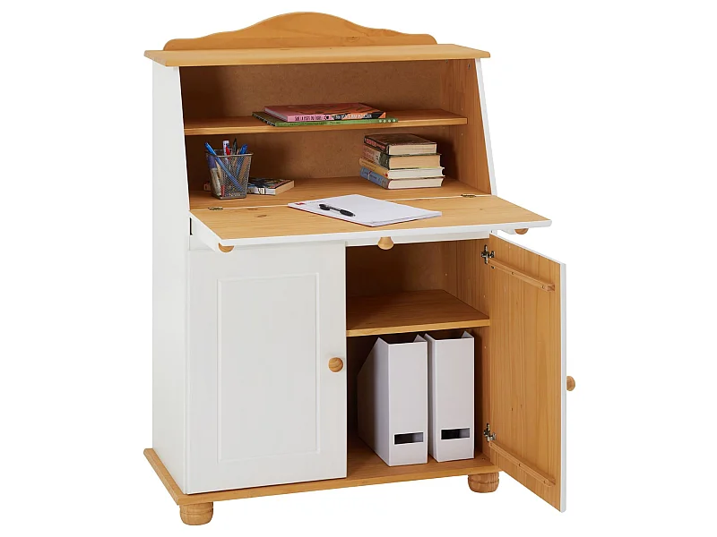 Bureau secrétaire DAVID avec abattant rangement plusieurs étagères 2 portes plan de travail rabattable, en pin massif blanc et brun