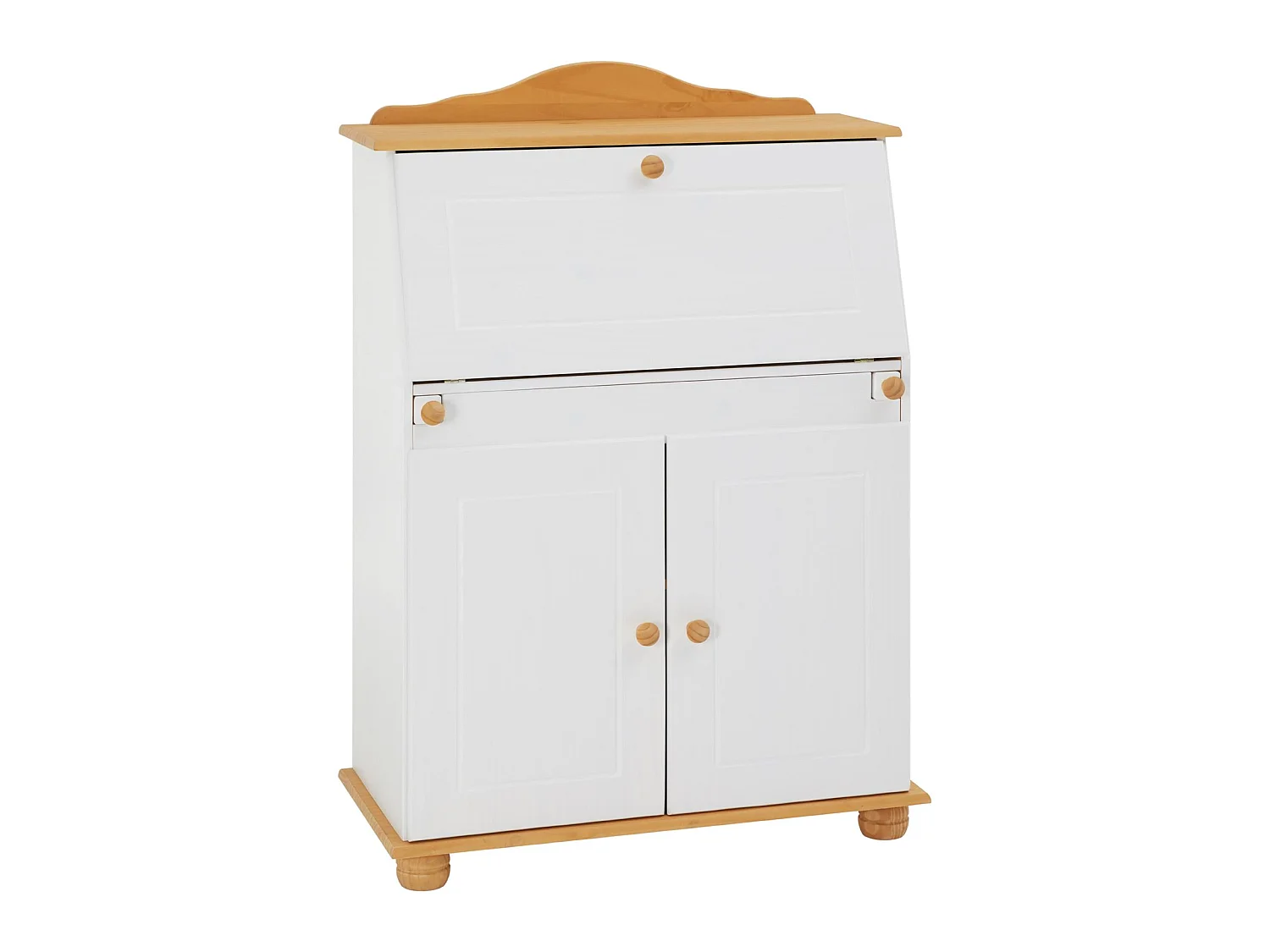 Bureau secrétaire DAVID avec abattant rangement plusieurs étagères 2 portes plan de travail rabattable, en pin massif blanc et brun