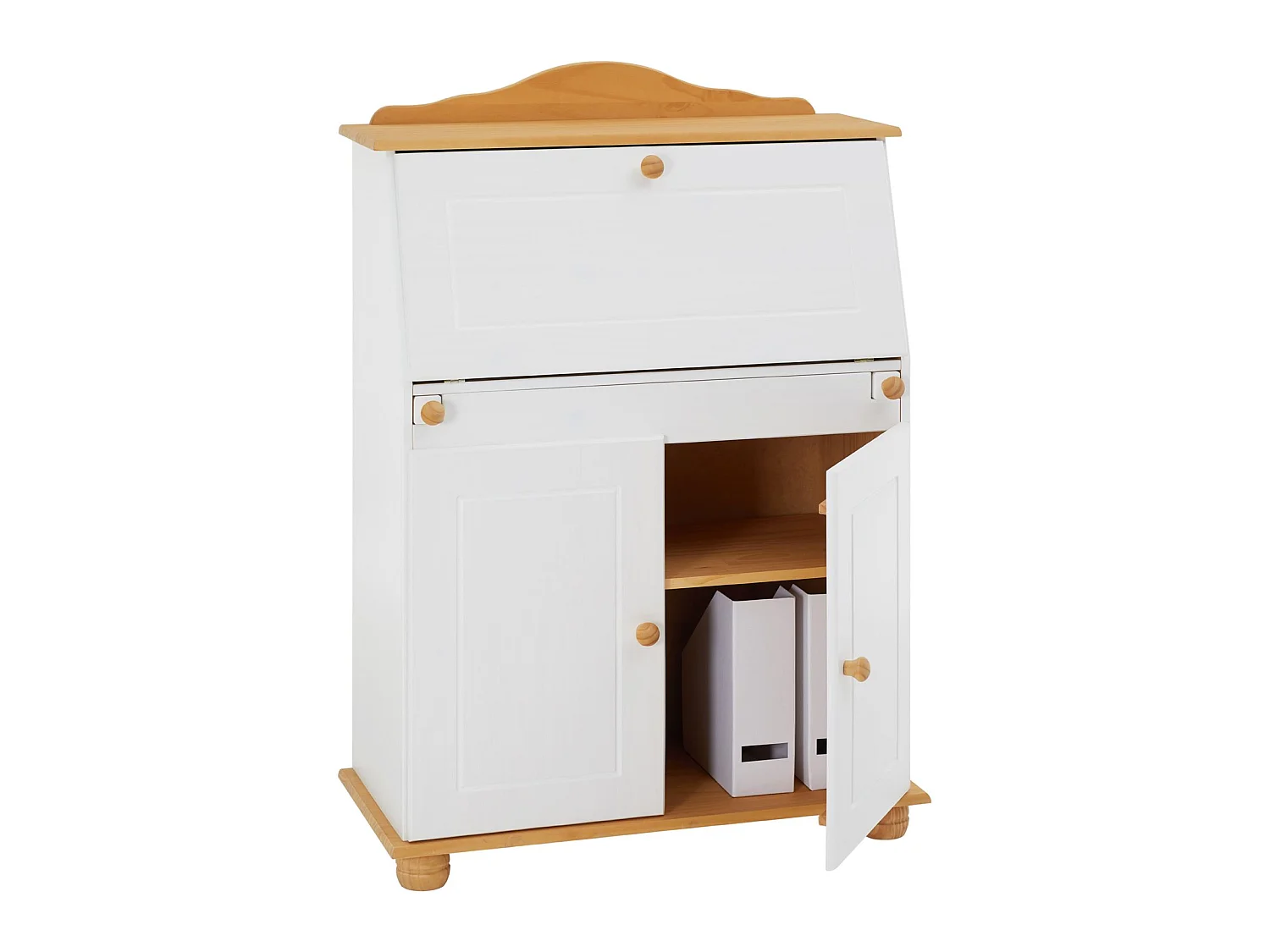 Bureau secrétaire DAVID avec abattant rangement plusieurs étagères 2 portes plan de travail rabattable, en pin massif blanc et brun