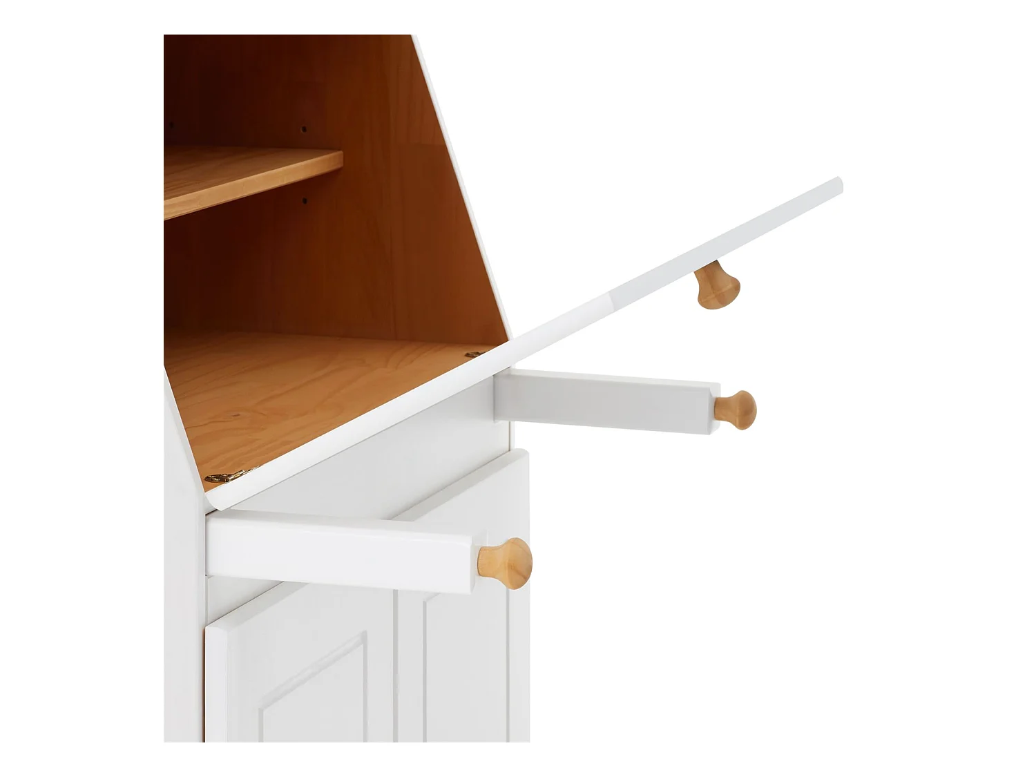 Bureau secrétaire DAVID avec abattant rangement plusieurs étagères 2 portes plan de travail rabattable, en pin massif blanc et brun