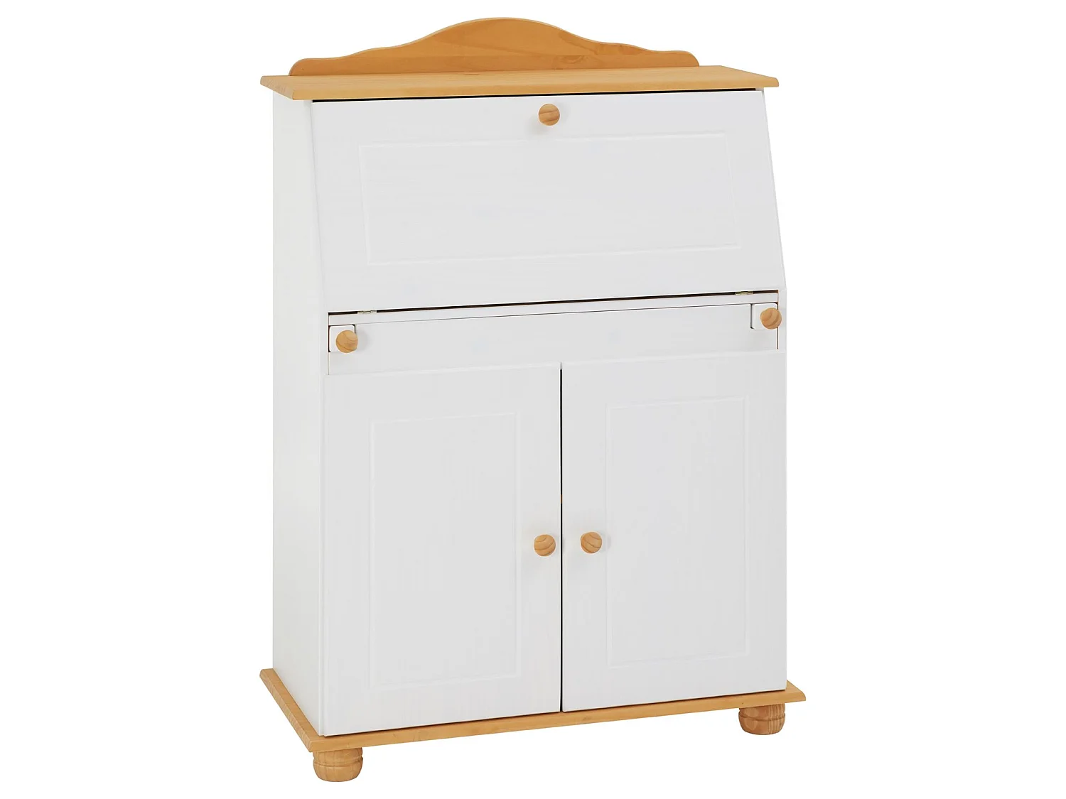 Bureau secrétaire DAVID avec abattant rangement plusieurs étagères 2 portes plan de travail rabattable, en pin massif blanc et brun