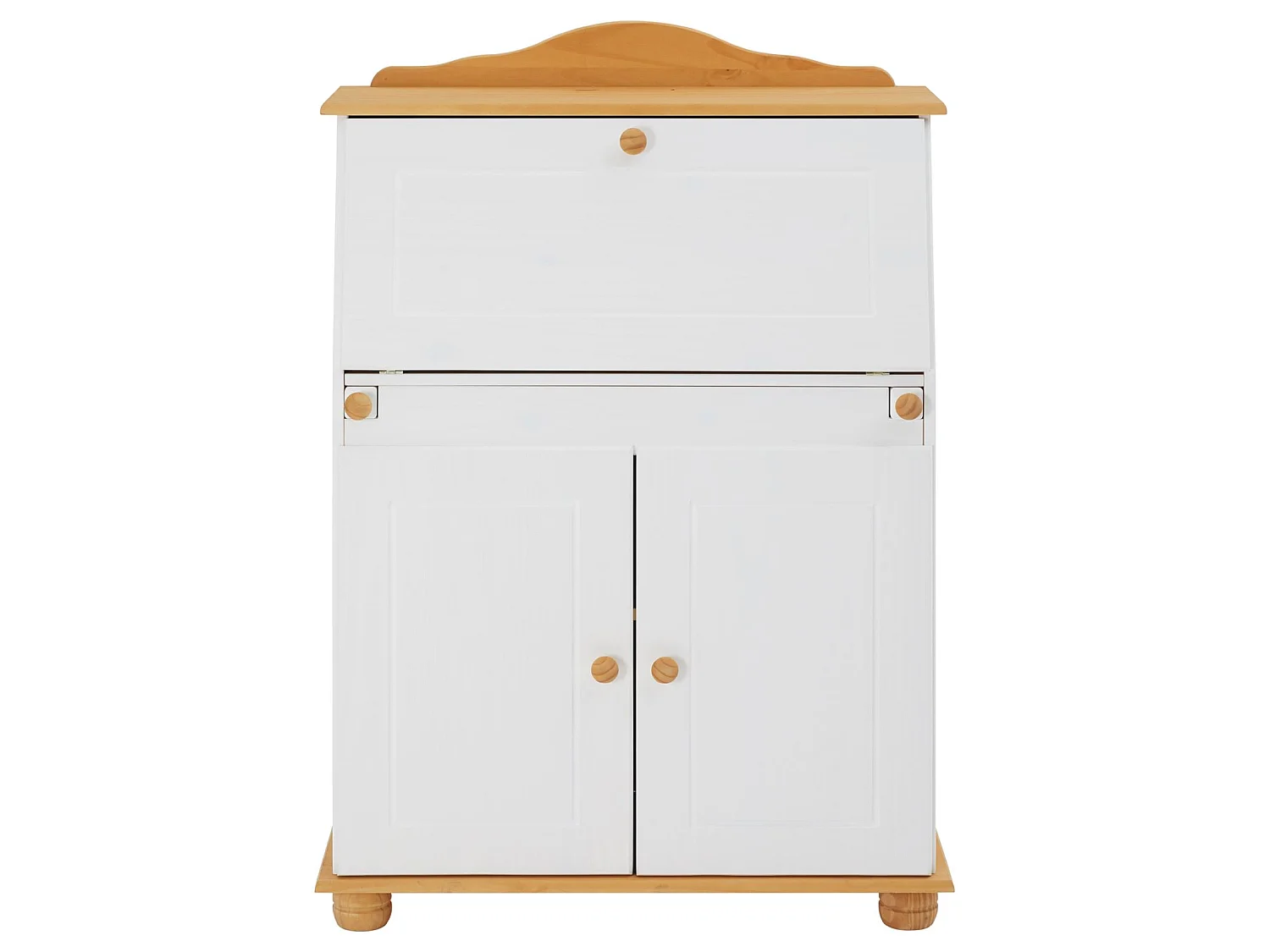 Bureau secrétaire DAVID avec abattant rangement plusieurs étagères 2 portes plan de travail rabattable, en pin massif blanc et brun