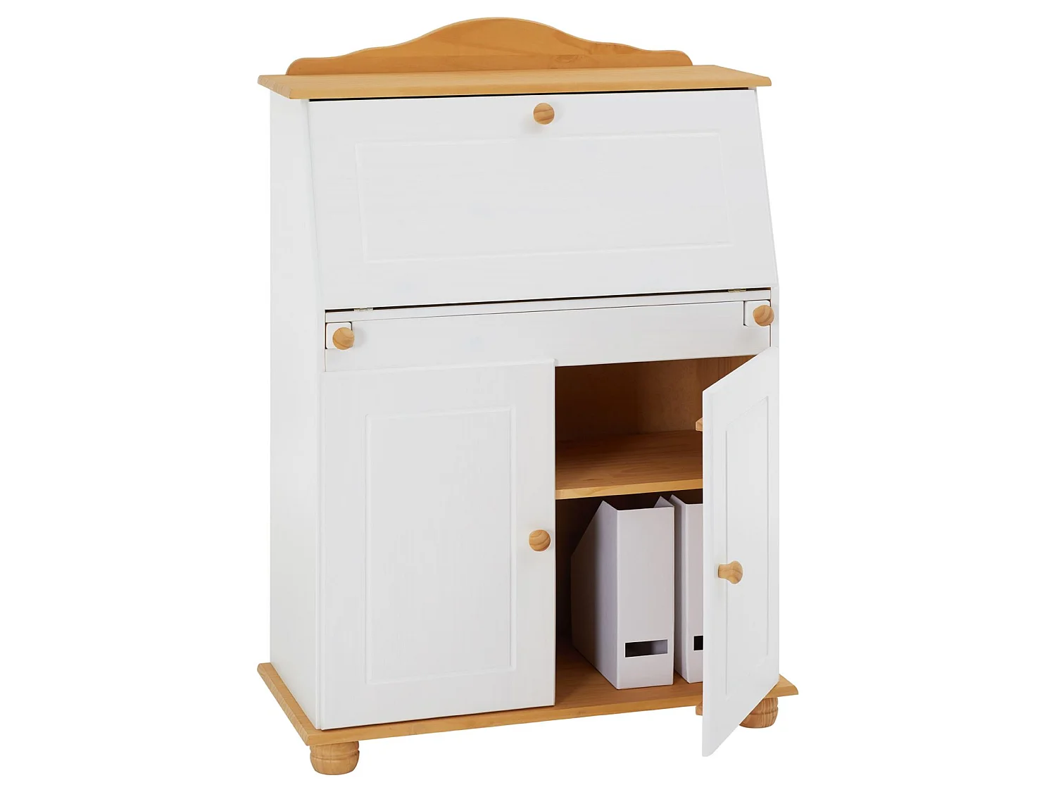 Bureau secrétaire DAVID avec abattant rangement plusieurs étagères 2 portes plan de travail rabattable, en pin massif blanc et brun