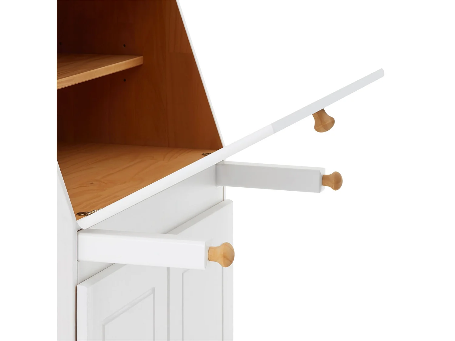 Bureau secrétaire DAVID avec abattant rangement plusieurs étagères 2 portes plan de travail rabattable, en pin massif blanc et brun